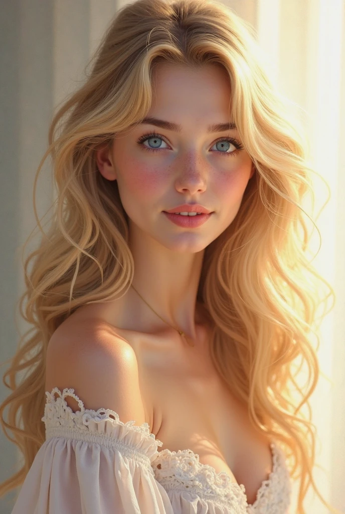 Soft portrait of a beautiful blonde woman, flowing golden hair, captivating blue eyes, delicate features, radiant smile, natural makeup, elegant attire, gentle expression, subtle blush, warm skin tones, ethereal lighting, soft shadows, high-resolution digital painting, realistic style, artistic interpretation, by a skilled portrait artist, ArtStation showcase.
