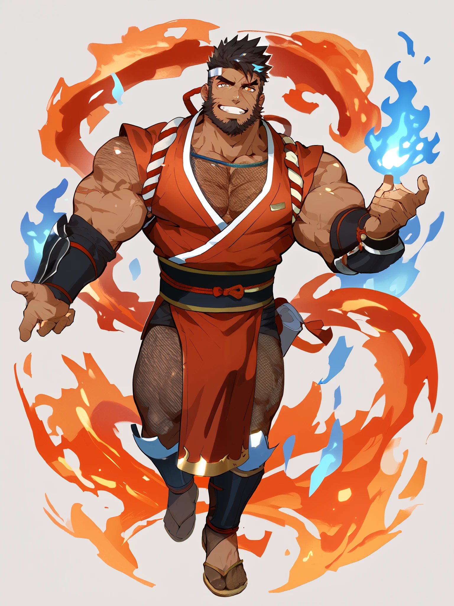 Score_9,Score_7_up,Score_6_up,Score_5_up,Score_4_up,alone, 1 boy , 's only, biceps male, biceps , male focus, Chest muscles, facial hair, blue fire, beard, mature male, Ninja, scar on face, scroll, fire, thigh, nipple, scar, scar on cheek, black skin color, short hair, thick thigh, looks at the audience, large Chest muscles, Smile, chest hair, Fishnet shirt , kimono, dark hair, dark-skinned male, Fishnet stockings, Thick eyebrows, Gauntlets, sidpek, vest, Pelvic Curtain, full body