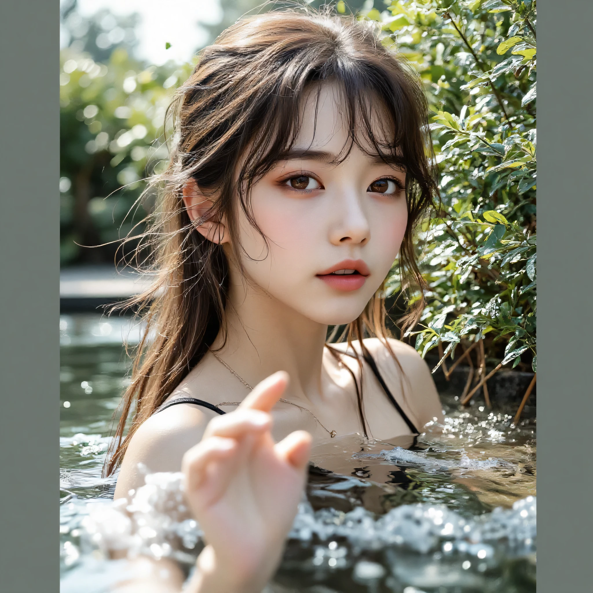 18;years old korean cute brunette girl skinny fit with long wavy hair is touching the batch in a resort 