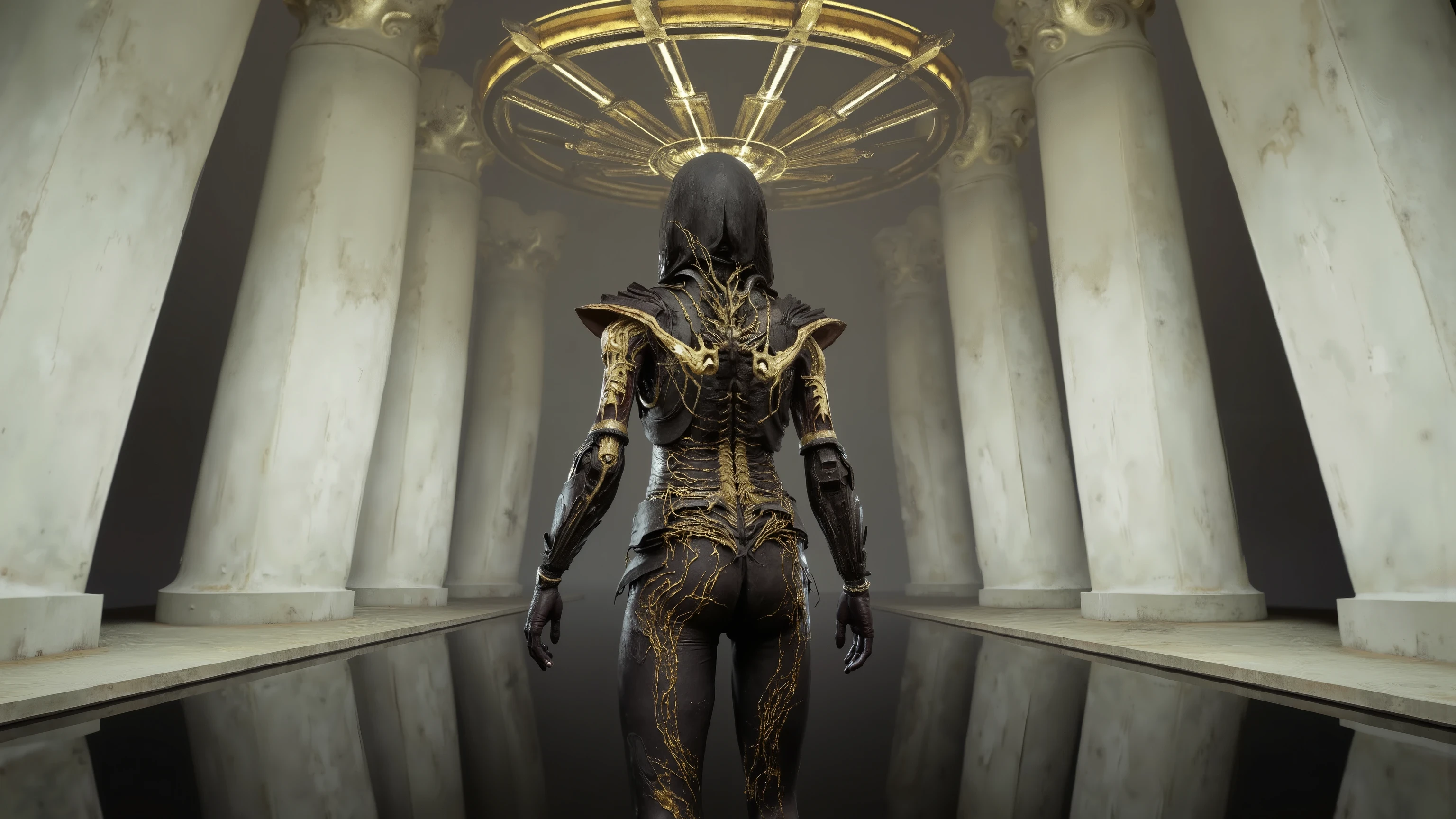 sexy mechanical girl,(( Ultra Realistic Details )),portrait,Global Illumination,shadows,Octane Rendering, 8,000,super clear,Metal, complicated, decorative details ,has a golden circuit texture on her body， cool tones,Egyptian details ,highly  complicated details, realistic light,hot,sparkling eyes,facing the camera, Neon Details ,Mechanical limbs,blood vessels connected to the tube,connects to the mechanical vertebrae on the back,mechanical neck connected to the neck,connected to the head, Science Fiction，Metal texture ，大Wide-angle composition。A sense of emptiness in the scene，sacred，The scene has two huge rows of white square columns，There are many circuit textures on the columns, Grid light and shadow，Pillars soar into the clouds，There is a golden ring shining in the sky，on the body creates a sense of depth and perspective, Dark Tones，Film composition ，Wide-angle composition，Movie lighting ，Art by Piotr Jabłoński，drk4rt，Billie Eilish