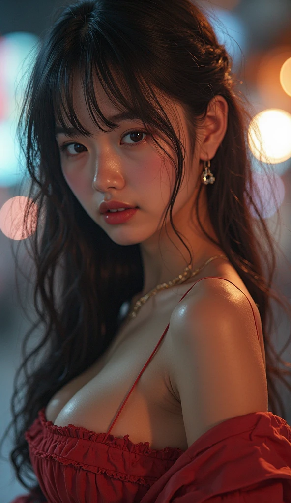 1girl, 18 years old, mix4, (8k, RAW photo, best quality, masterpiece:1.2), (realistic, photorealistic:1.37), cute, night, rain, humid, professional lighting, photon mapping, radiosity, physically based rendering, ultra resolution, (big breasts:1.2)