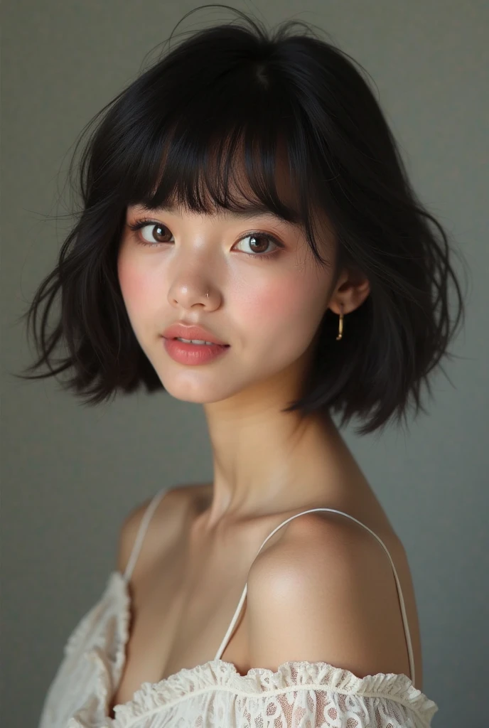close-up,(Highest quality, Very detailed, masterpiece:1.2), 1 women, Very thin body, length, Thin legs, ((Black wavy short layered cut hair hair:1.2)), ((Thick and fluffy bangs)), Very detailedな顔,A faint smile, small, Thin Nose, small thin mouth, Extremely sharply focused eyes, Japanese, Beautiful Face, Realistic eyes, Beautiful and beautiful eyes, Realistic Skin, Beautiful Skin, charm, (A vivid face),