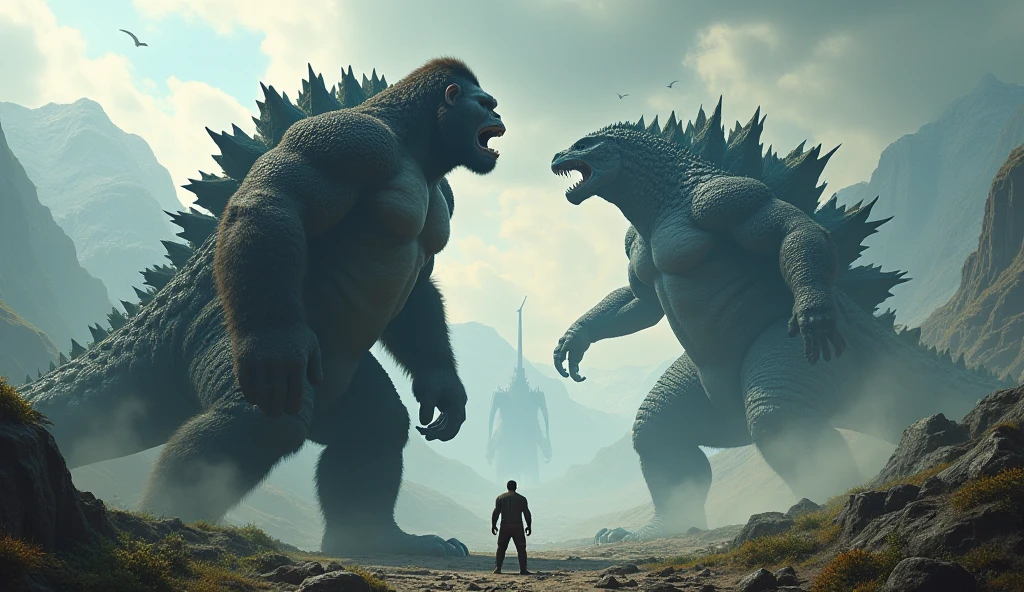 Create two men, one fat and the other muscular, and a white dog fighting with the monster of nature.