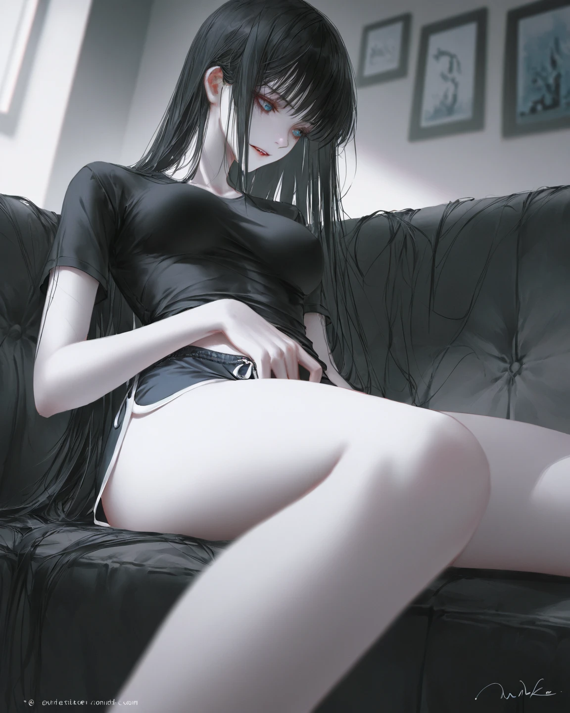 Cat girl with black hair, 2, is 5'6 in height,she is sitting in a chair, she has her arms tied above her and her feet are locked in stocks, her locked feet are in black nylons and are facing you, the chamera, she has a slight worried but excited look on her face, her nylon socked feet are facing the camera