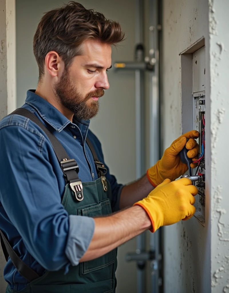 "Professional wooden door trimming service. The image should showcase a skilled technician carefully trimming a wooden door with precision tools. The technician, wearing work gloves and safety glasses, should be focused and engaged in their task, ensuring a perfect fit. The background should be a clean, well-organized workshop or a residential setting where the door is being installed. Emphasize the quality of workmanship, attention to detail, and the neatness of the final result. The overall scene should convey expertise, reliability, and high standards in door installation and maintenance."