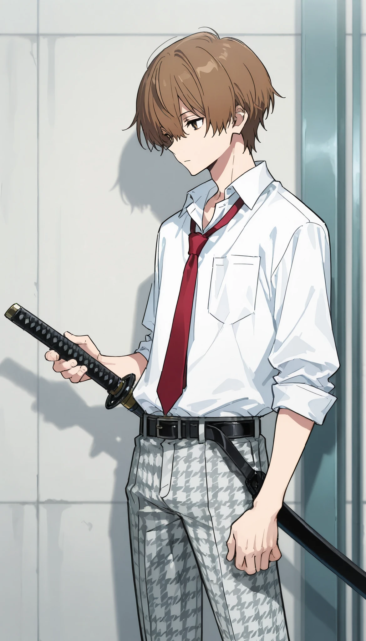 1boy, solo, standing, newest, highres, highly detailed, best quality, masterpiece, stylish pose,
(weapon, katana, holding sheathed katana:1.5, perfect katana), high school uniform, white shirt, half sleeves, houndstooth printed pants, belt, red loose necktie,
Expressionless, brown hair, tired hair,
score_9, score_8_up, score_8,source_anime,