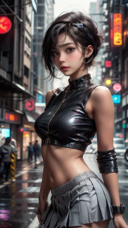 Mulher bonita com cabelo ondulado, olhos delicados e encantadores, entalhe da coxa, pernas sexy e muito volumosas, pernas grossas , cintura muito fina e marcada , camiseta em shorts pequenos, cyberpunk futurista bonito + cidade, mistborn, humid, chuva, obra-prima de melhor qualidade, realista, muito detalhado, 8k, HDR, profundidade de campo rasa, luz ampla, alto contraste, luz de fundo, flooding, flash, chromatic aberration, foco nítido, foto de cor RAW
