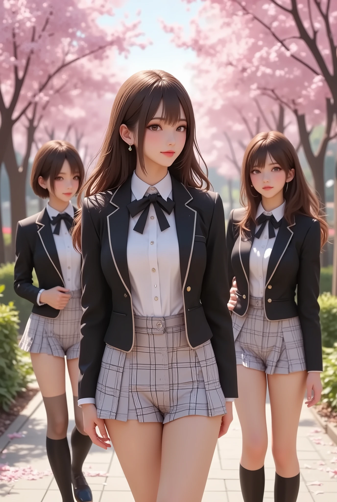 (Top Quality、masterpiece、winning work、16k), 、((a group of cute slim body girls on guraduation ceremony: 1.9))、school uniforms、blazers、white shirt、in a tartan check skirt、knee-high socks、 leather loafers、((big breasts:1.2), (Big Breasts:1.2), (raised and crisp bust:1.2), (lifts the chest:1.2), (Perky breasts :1.2), , ( double breasted,Underbust:1.2), button gap with, walks under a row of cherry blossom trees、Graduation Ceremony、Celebration 、Sakura Fubuki