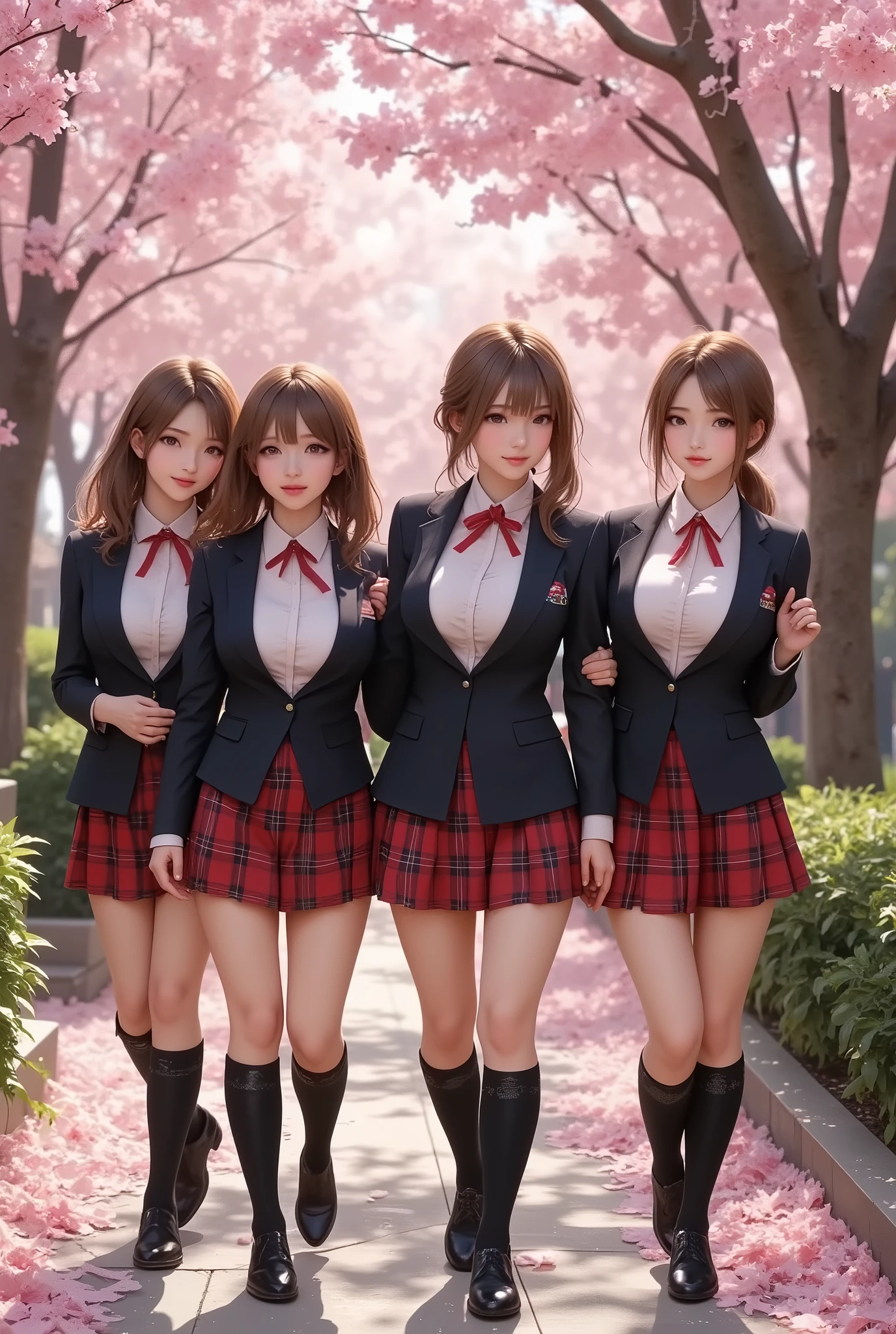 (Top Quality、masterpiece、winning work、16k), 、((a group of cute slim body girls on guraduation ceremony: 1.9))、school uniforms、blazers、white shirt、in a tartan check skirt、knee-high socks、 leather loafers、((big breasts:1.2), (Big Breasts:1.2), (raised and crisp bust:1.2), (lifts the chest:1.2), (Perky breasts :1.2), , ( double breasted,Underbust:1.2), button gap with, walks under a row of cherry blossom trees、Graduation Ceremony、Celebration 、Sakura Fubuki