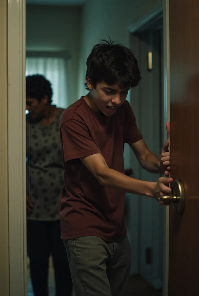 boy 10 years old A  wearing a red blouse and blue jeans screams with a look of horror on his face, and in the background is a bathroom scream