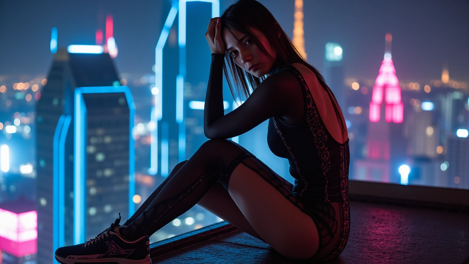 Giantess prostitute over city, european, long blue hair, tattoos, night