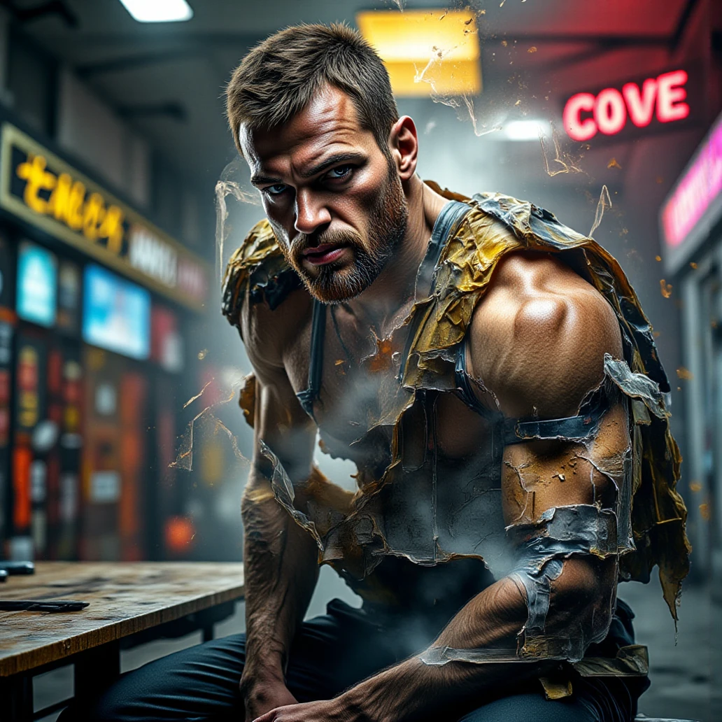 Wide angle Environmental shot in a cluttered and messy shack , action shot, tattered torn shirt, porcelain cracked skin, league of legends, vibrant, photo realistic, realistic, dramatic, dark, sharp focus, 8k."orc repairing cyborg arm as a realistic scifi cyberpunk knight, medium shot, intricate,unreal engine, cozy indoor lighting, artstation, detailed, arms crossed