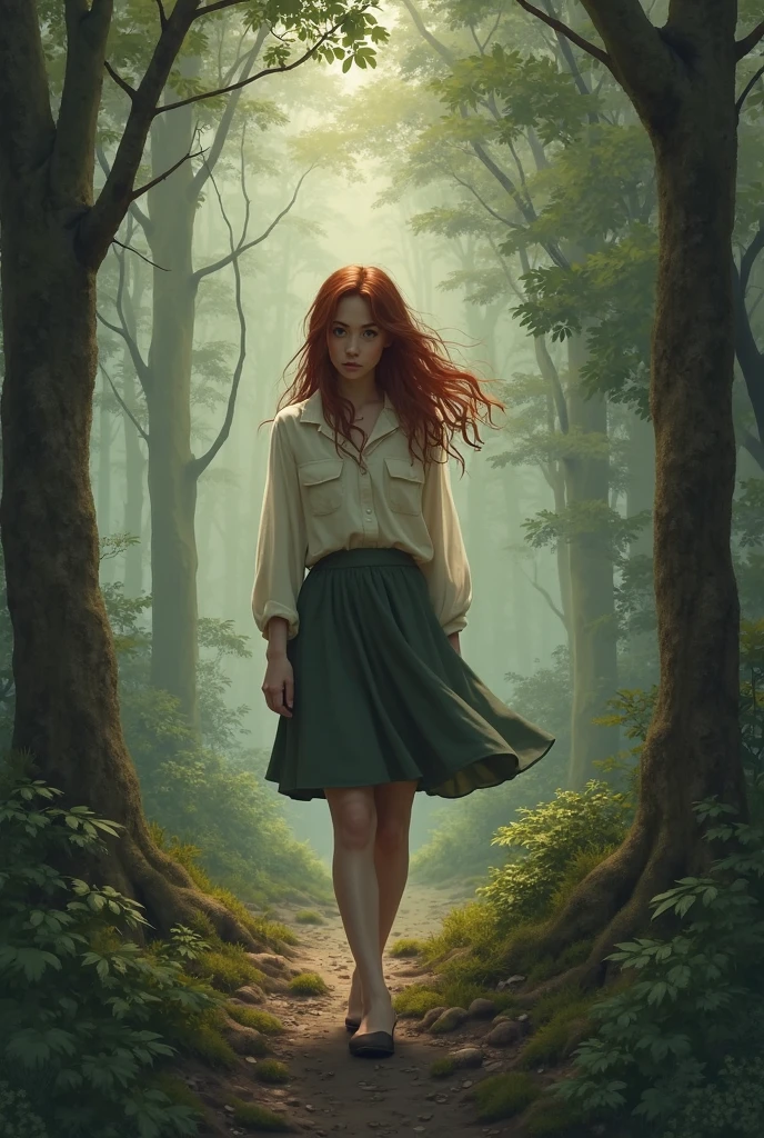 Girl, dark red hair, in a green dress, forest, morning, dawn