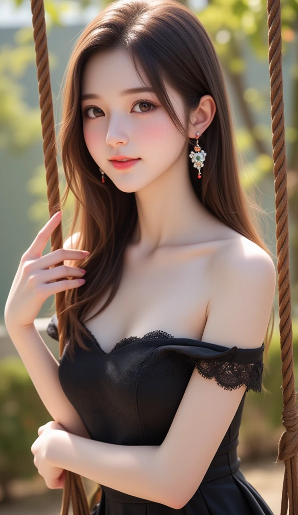 The image is a black and white text that appears to be a description of a necklace. The text is written in a cursive style and is accompanied by a picture of a necklace. The necklace is described as having a "sweetheart" shape, and the text goes on to describe the various details of the necklace, including the lace and the tulle-like fabric. The text also describes the person wearing the necklace, stating that they are also wearing a "delicate" necklace with a "symmetrical" design. The text concludes by suggesting that the background of the image is outdoors, with bare trees.