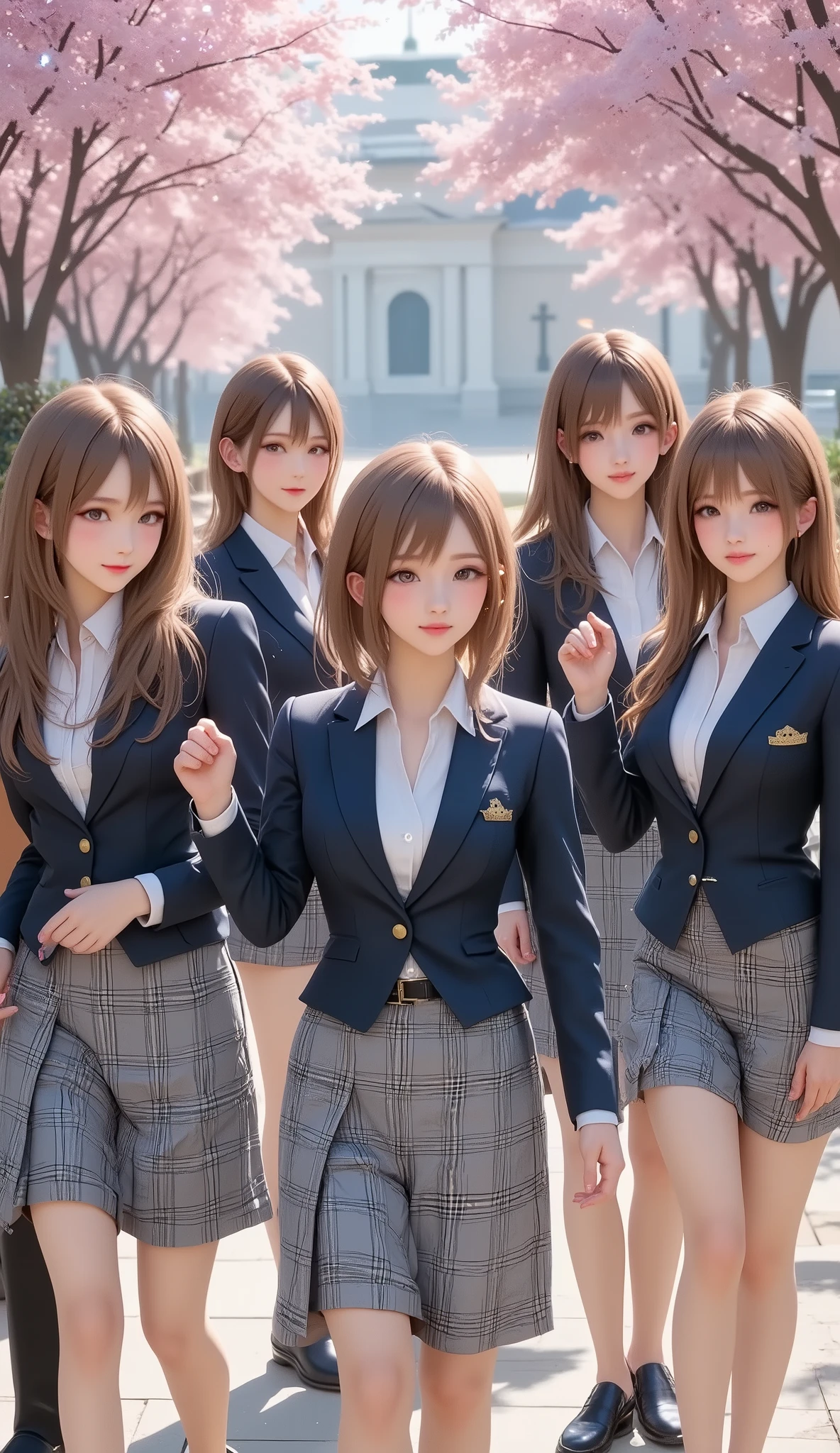 (Top Quality、masterpiece、winning work、16k), 、((a group of cute slim body girls on guraduation ceremony: 1.9))、school uniforms、blazers、white shirt、in a tartan check skirt、knee-high socks、 leather loafers、((big breasts:1.2), (Big Breasts:1.2), (raised and crisp bust:1.2), (lifts the chest:1.2), (Perky breasts :1.2), , ( double breasted,Underbust:1.2), button gap with, walks under a row of cherry blossom trees、Graduation Ceremony、Celebration 、Sakura Fubuki