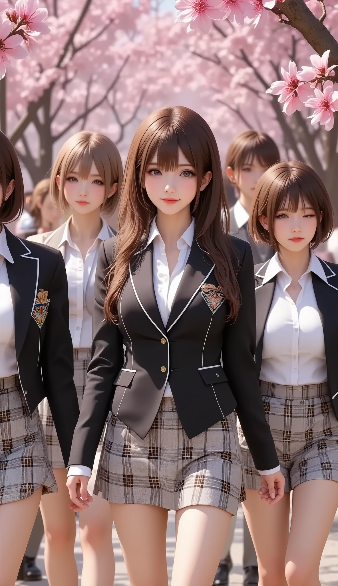 (Top Quality、masterpiece、winning work、16k), 、((a group of cute slim body girls on guraduation ceremony: 1.9))、school uniforms、blazers、white shirt、in a tartan check skirt、knee-high socks、 leather loafers、((big breasts:1.2), (Big Breasts:1.2), (raised and crisp bust:1.2), (lifts the chest:1.2), (Perky breasts :1.2), , ( double breasted,Underbust:1.2), button gap with, walks under a row of cherry blossom trees、Graduation Ceremony、Celebration 、Sakura Fubuki