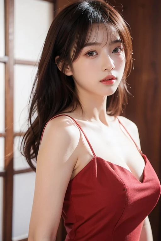 lifelike,high resolution:1.3), A slim girl, The face shape and eyes are super delicate,black hair,red glossy lips,(beautiful face), (best quality), (Super detailed), (Extremely detailed CG unified 8k wallpaper),((deep v dress)),(White background),(cleavage),(Model photo),dignified poses,big eyes,(standing),(air bangs),SMALL BREASTS,((full upper body)),(above waist),Eyes look at the audience,Teardrop-shaped breasts,soft breasts,very realistic breasts