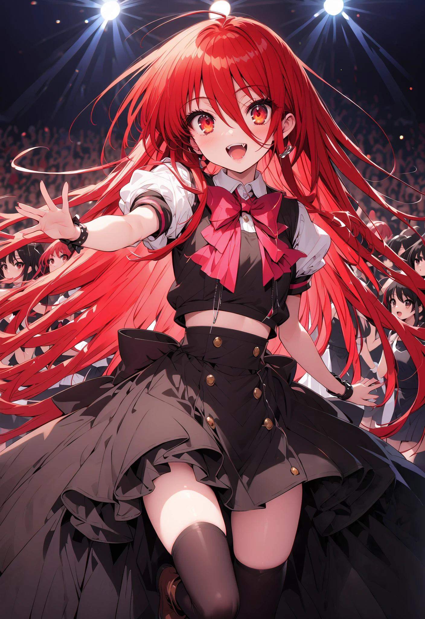 shana , very long hair, red hair, Red Eyes, stupid hair, small ,idol costume, dress,collared dress,jacket,cropped jacket,Short sleeve,bowtie,bow,button, above Decorati has ,is standing,dancing,(white thigh knee-highs:1.2),boots,アイドル歌手がライブ ステージで熱狂的に歌うシーンのillustration,アイドル歌手が ステージ中央にis standing, idol singers sing with microphones , idol singers are serious and impressive ,The singer's voice is strong and beautiful. , fans gather around the stage , fans sing and dance with idol singers Idol singers who do things ,The Big Picture, Various colored lights ,full bodyがillustrationに入るように,break indoors, concert venue,
break looking at viewer,full body,
break (masterpiece:1.2), best quality, high resolution, Unity 8k Wallpaper, (illustration:0.8), (beautiful detailed eyes:1.6), very detailed face, so that it fits into the illustration, extremely detailed CG,full body写真, (perfect hand, perfect anatomy),