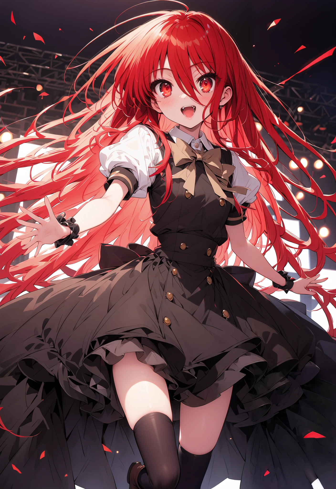 shana , very long hair, red hair, Red Eyes, stupid hair, small ,idol costume, dress,collared dress,jacket,cropped jacket,Short sleeve,bowtie,bow,button, above Decorati has ,is standing,dancing,(white thigh knee-highs:1.2),boots,アイドル歌手がライブ ステージで熱狂的に歌うシーンのillustration,アイドル歌手が ステージ中央にis standing, idol singers sing with microphones , idol singers are serious and impressive ,The singer's voice is strong and beautiful. , fans gather around the stage , fans sing and dance with idol singers Idol singers who do things ,The Big Picture, Various colored lights ,full bodyがillustrationに入るように,break indoors, concert venue,
break looking at viewer,full body,
break (masterpiece:1.2), Top Quality, high resolution, Unity 8k Wallpaper, (illustration:0.8), (beautiful detailed eyes:1.6), very detailed face, so that it fits into the illustration, extremely detailed CG,full body写真, (perfect hand, perfect anatomy),