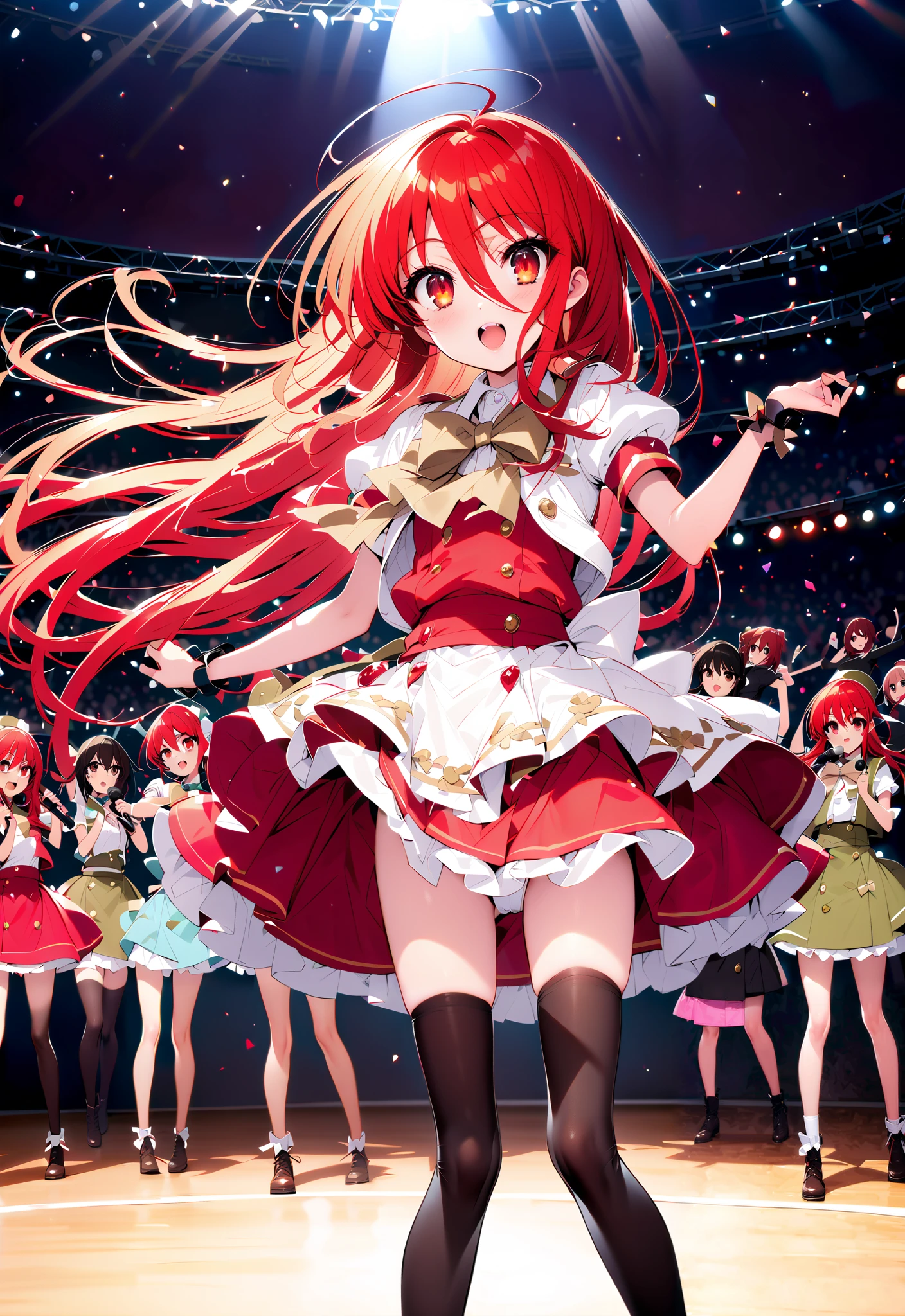 shana , very long hair, red hair, Red Eyes, stupid hair, small ,idol costume, dress,collared dress,jacket,cropped jacket,Short sleeve,bowtie,bow,button, above Decorati has ,is standing,dancing,(white thigh knee-highs:1.2),boots,アイドル歌手がライブ ステージで熱狂的に歌うシーンのillustration,アイドル歌手が ステージ中央にis standing, idol singers sing with microphones , idol singers are serious and impressive ,The singer's voice is strong and beautiful. , fans gather around the stage , fans sing and dance with idol singers Idol singers who do things ,The Big Picture, Various colored lights ,full bodyがillustrationに入るように,break indoors, concert venue,
break looking at viewer,full body,
break (masterpiece:1.2), best quality, high resolution, Unity 8k Wallpaper, (illustration:0.8), (beautiful detailed eyes:1.6), very detailed face, so that it fits into the illustration, extremely detailed CG,full body写真, (perfect hand, perfect anatomy),