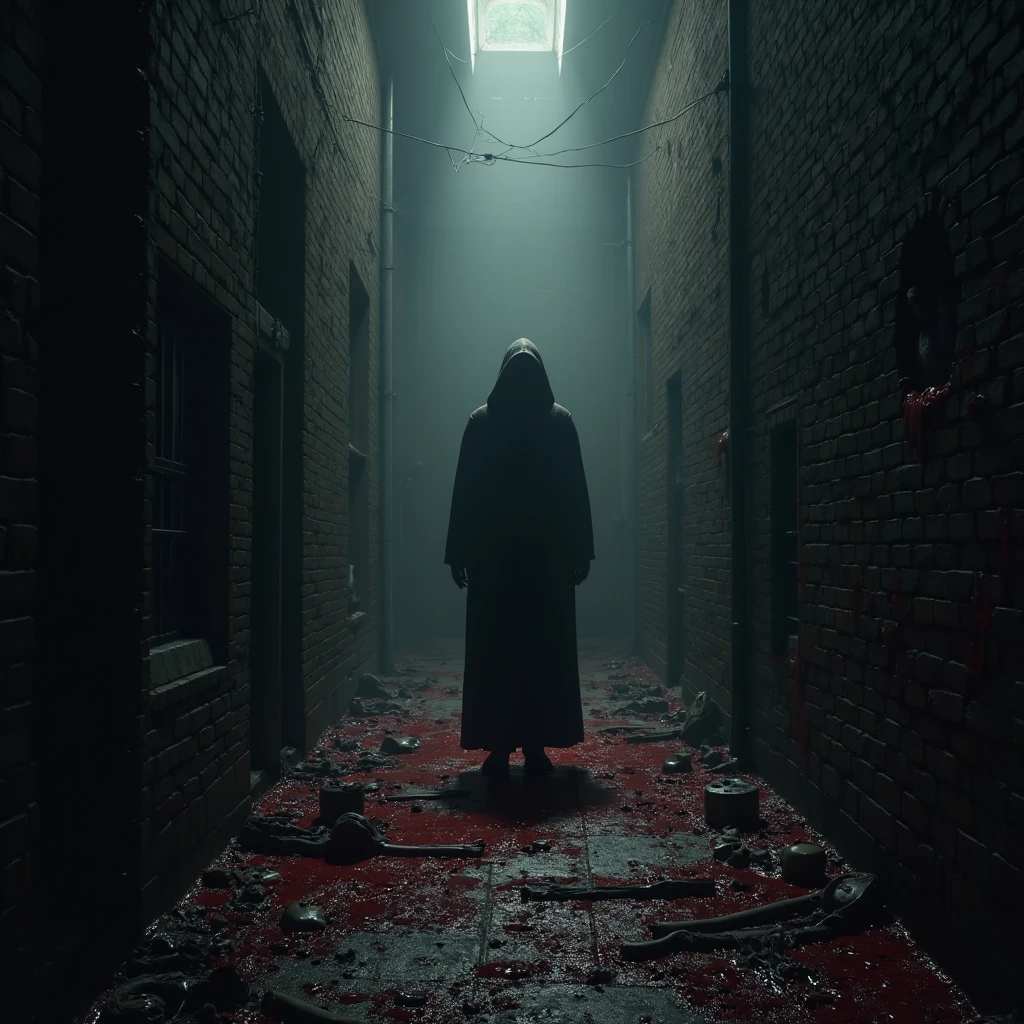 ☠️,⚠️,((🕵️‍♀️)),✨, horror theme, Depressed, Wall of blood,silber hair
