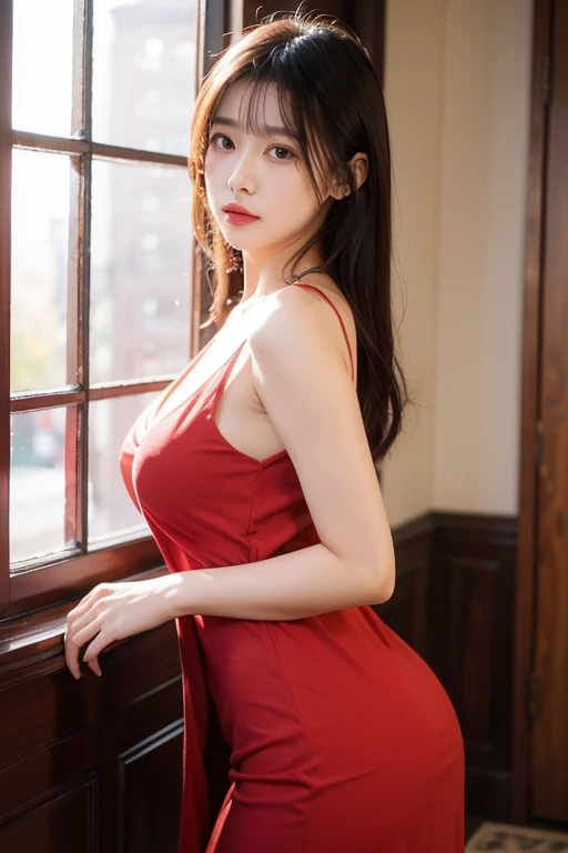 8K quality、High resolution、Realistic skin texture、High resolutionの瞳、Seated man、Woman embraced by a man、A female cafe owner seduces a male customer、Brown long hair、、Ring piercing of the earlobe、Neat red blouse dress、Dignified face、thin、Model Body Type、Ripe body、Neat 30 year old woman、Off the shoulder、Raise your arms and stretch your back、Flip Up Skirt
