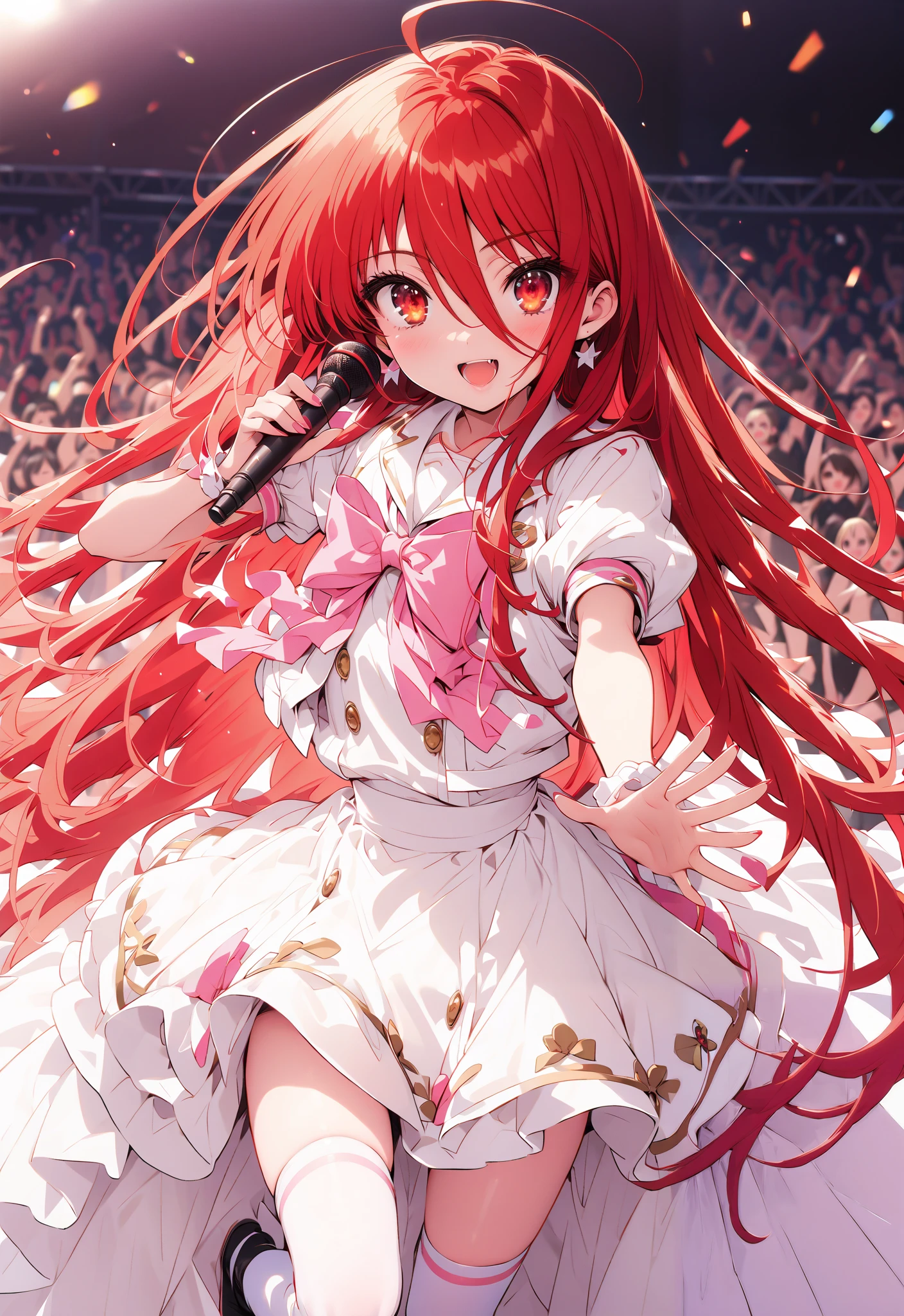 shana , very long hair, red hair, Red Eyes, stupid hair, small ,idol costume, dress,collared dress,jacket,cropped jacket,Short sleeve,bowtie,bow,button, above Decorati has ,is standing,dancing,(white thigh knee-highs:1.2),boots,アイドル歌手がライブ ステージで熱狂的に歌うシーンのillustration,アイドル歌手が ステージ中央にis standing, idol singers sing with microphones , idol singers are serious and impressive ,The singer's voice is strong and beautiful. , fans gather around the stage , fans sing and dance with idol singers Idol singers who do things ,The Big Picture, Various colored lights ,full bodyがillustrationに入るように,break indoors, concert venue,
break looking at viewer,full body,
break (masterpiece:1.2), best quality, high resolution, Unity 8k Wallpaper, (illustration:0.8), (beautiful detailed eyes:1.6), very detailed face, so that it fits into the illustration, extremely detailed CG,full body写真, (perfect hand, perfect anatomy),