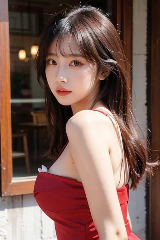 masterpiece, High resolution, highest quality, Very detailed, wallpaper, Picturesque, Brush strokes, Pointed Ears, Yellow Eyes, elongated pupils, Beautiful woman, Big Breasts, Red dress