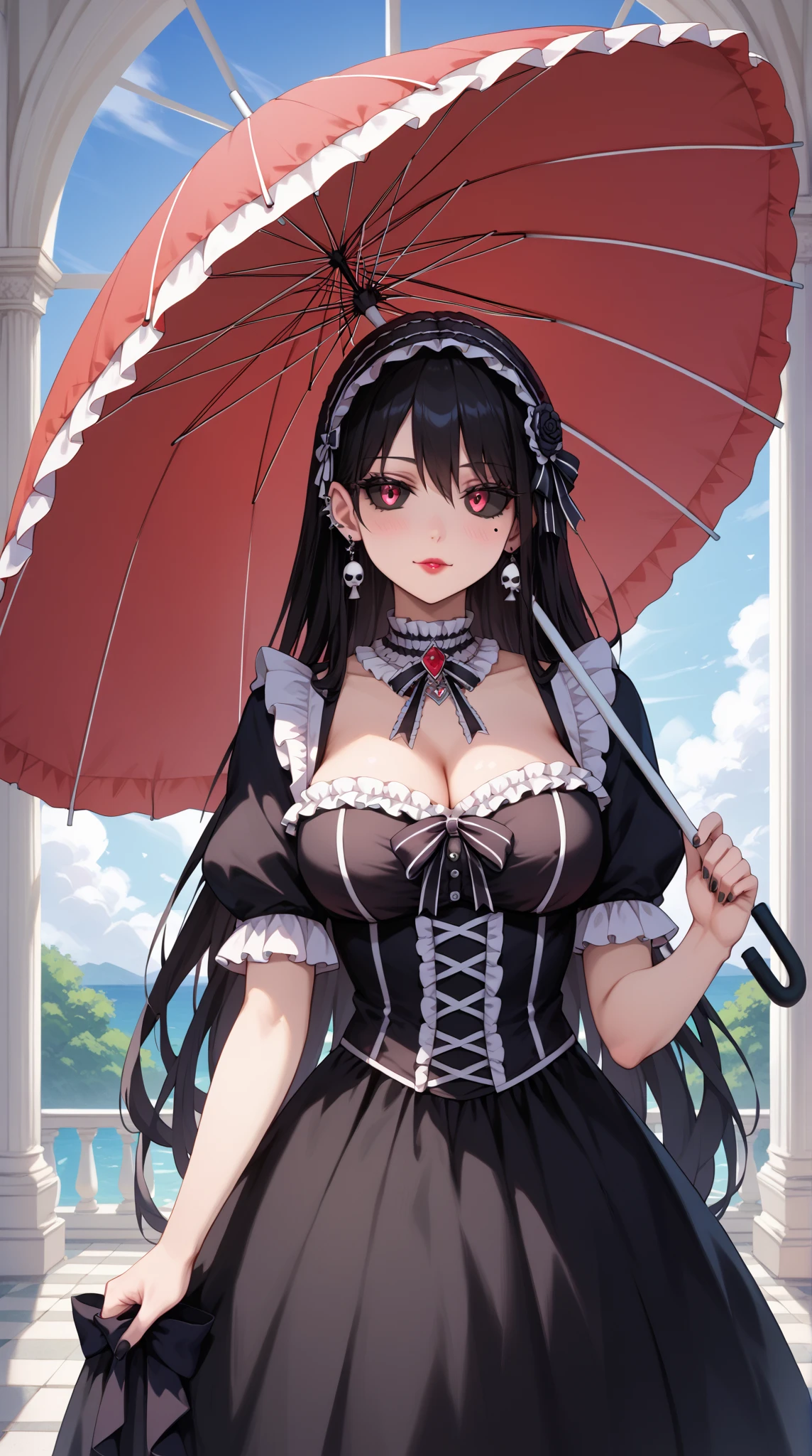 A proper young woman in Victorian times with enormous breast and sexy curves wearing a red and black Victorian era dress carrying a red and black parasol to match the dress in the park catching the eyes of every man around her.