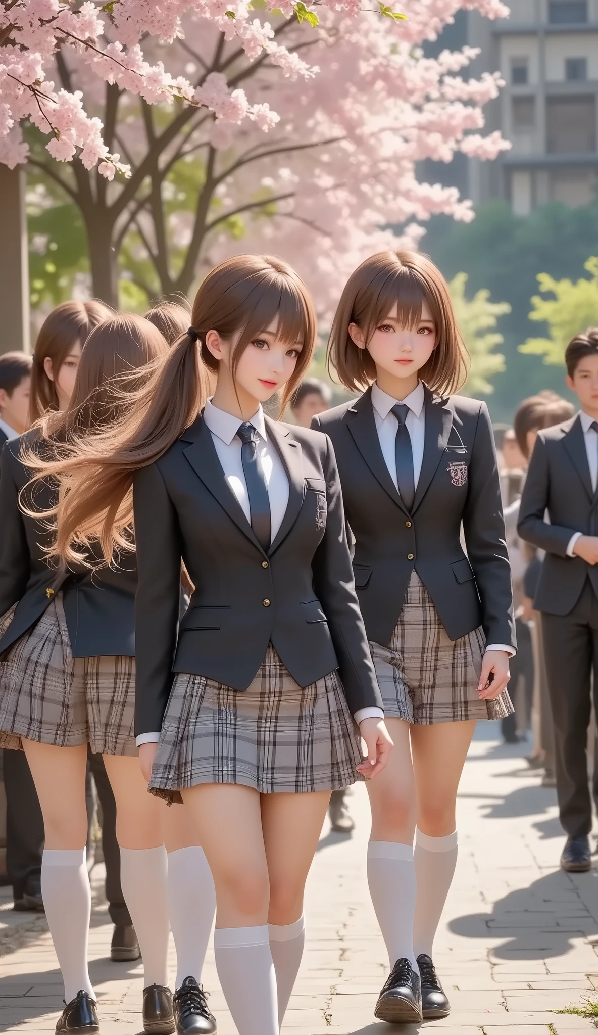 (Top Quality、masterpiece、winning work、16k), 、((a group of cute slim body girls on guraduation ceremony: 1.9))、school uniforms、blazers、white shirt、in a tartan check skirt、knee-high socks、 leather loafers、((big breasts:1.2), (Big Breasts:1.2), (raised and crisp bust:1.2), (lifts the chest:1.2), (Perky breasts :1.2), , ( double breasted,Underbust:1.2), button gap with, walks under a row of cherry blossom trees、Graduation Ceremony、Celebration 、Sakura Fubuki