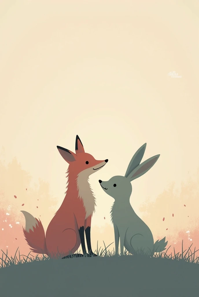 A rabbit with big floppy ears looking up at a tall, sitting fox. In chibi The rabbit in black and white and the fox in orange tones.
They look at each other and are together