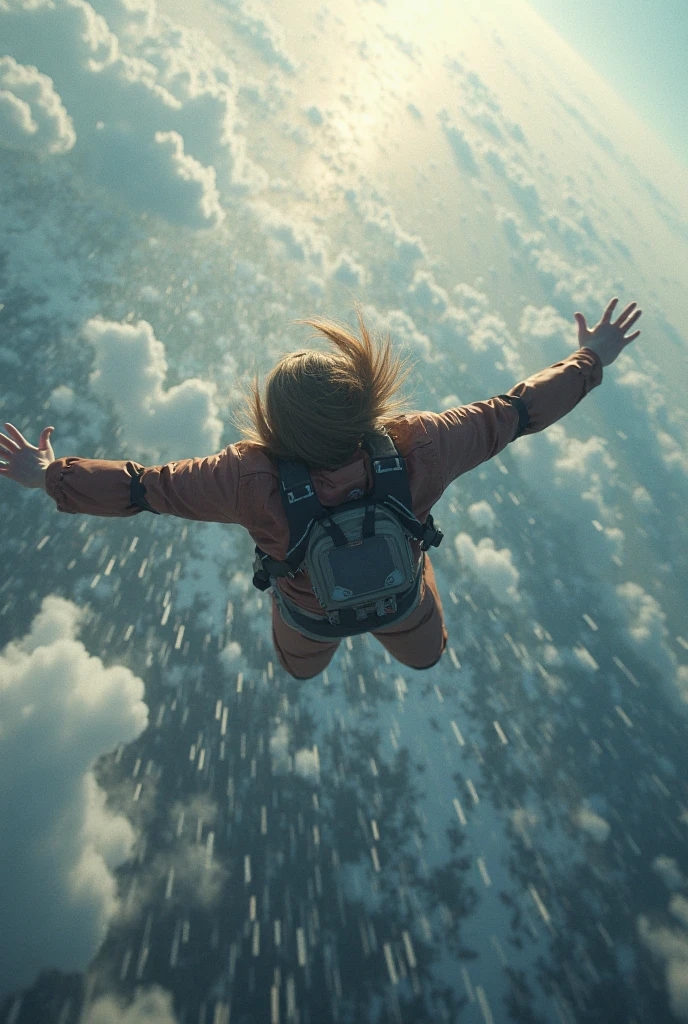 Skydiving high school girl、Vertical drop from head、Higher than the clouds、A jumbo jet flies below、Real
