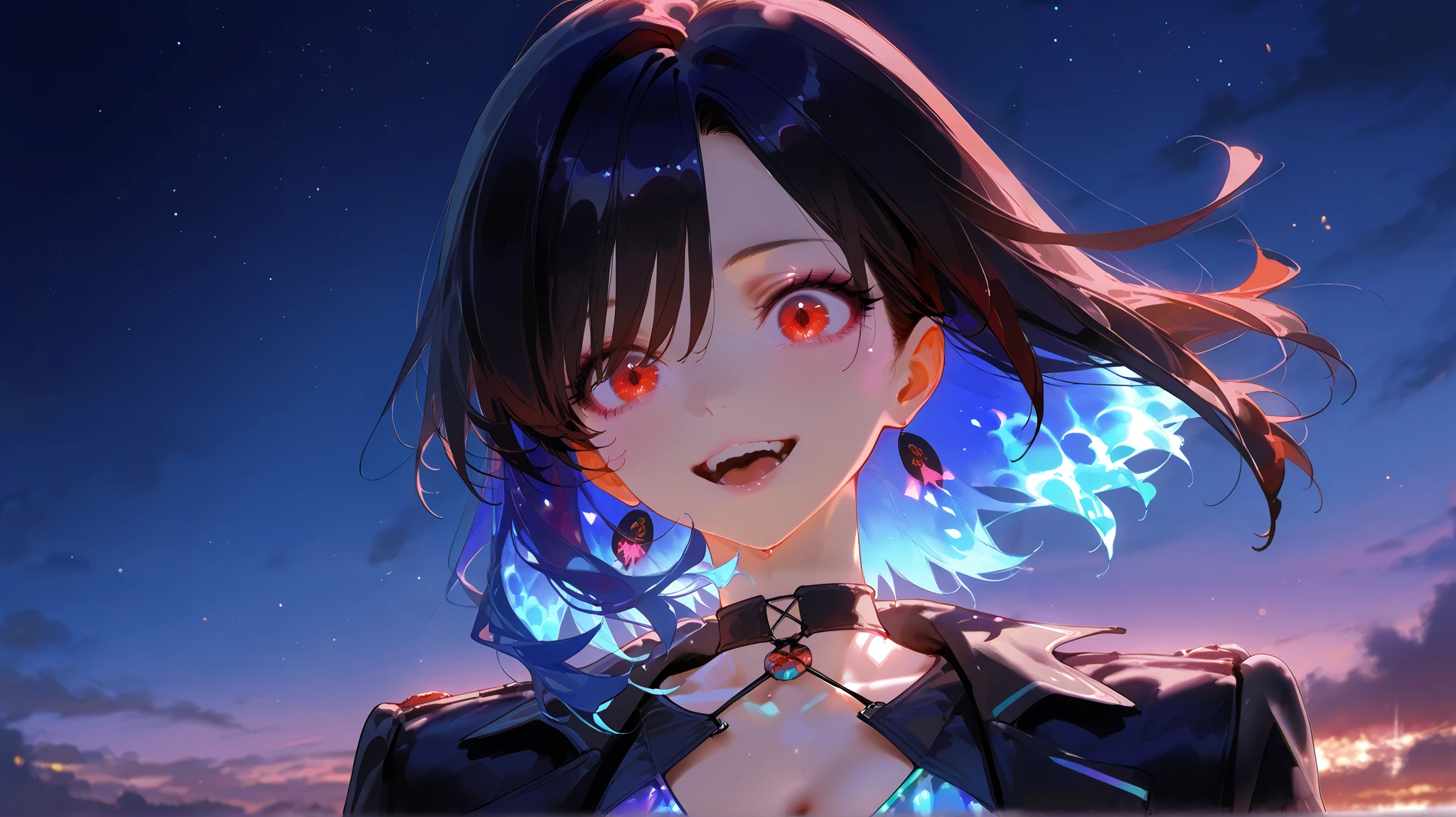  dark black jinx large sexy v-neck flickering between bright blue flames and iridescent vagaloom、Shining under a terrifying dark, fiery sky . [ image of a shining fairy between black fog and iridescent light ]