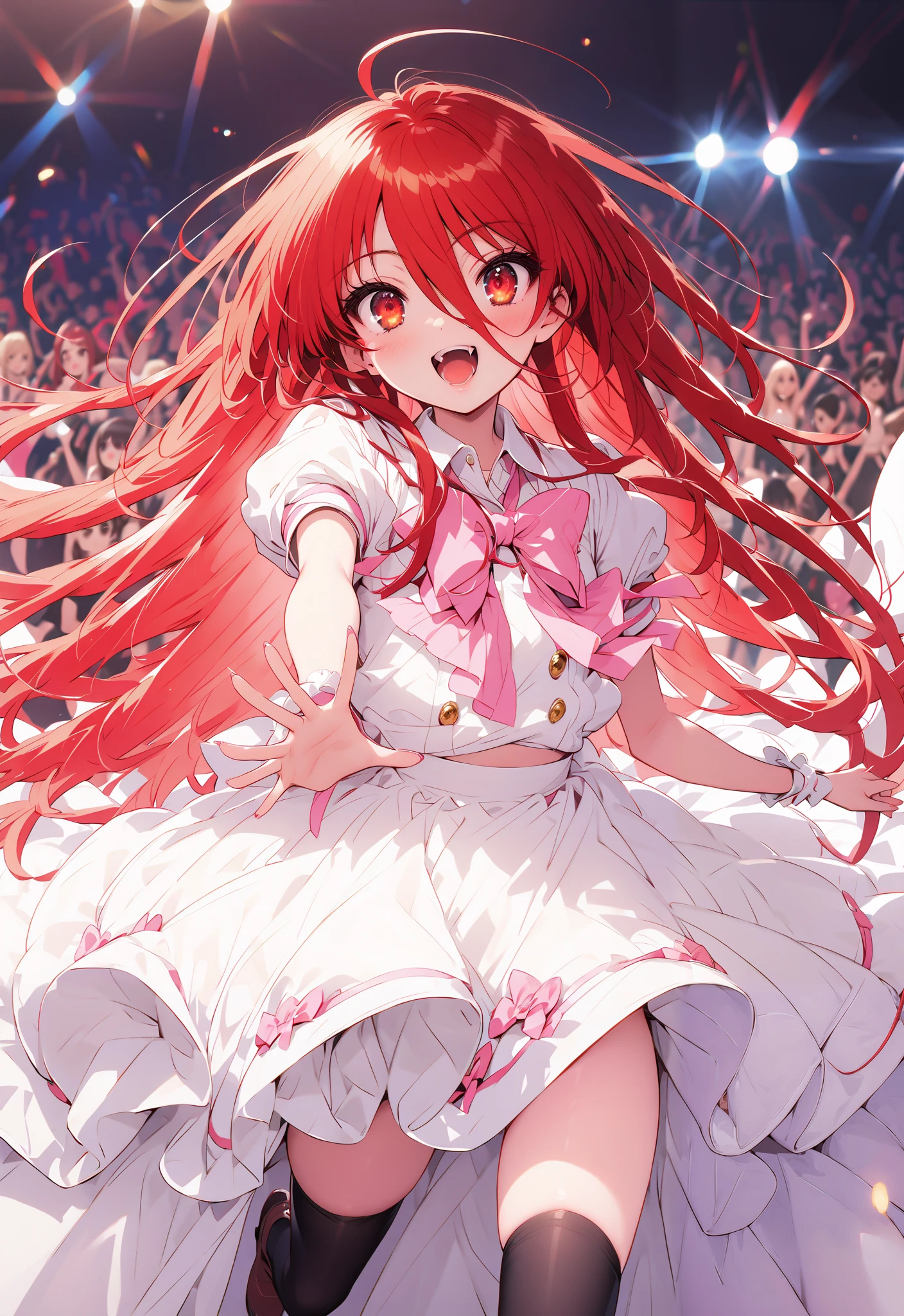 shana , very long hair, red hair, Red Eyes, stupid hair, small ,idol costume, dress,collared dress,jacket,cropped jacket,Short sleeve,bowtie,bow,button, above Decorati has ,is standing,dancing,(white thigh knee-highs:1.2),boots,アイドル歌手がライブ ステージで熱狂的に歌うシーンのillustration,アイドル歌手が ステージ中央にis standing, idol singers sing with microphones , idol singers are serious and impressive ,The singer's voice is strong and beautiful. , fans gather around the stage , fans sing and dance with idol singers Idol singers who do things ,The Big Picture, Various colored lights ,full bodyがillustrationに入るように,break indoors, concert venue,
break looking at viewer,full body,
break (masterpiece:1.2), best quality, high resolution, Unity 8k Wallpaper, (illustration:0.8), (beautiful detailed eyes:1.6), very detailed face, so that it fits into the illustration, extremely detailed CG,full body写真, (perfect hand, perfect anatomy),