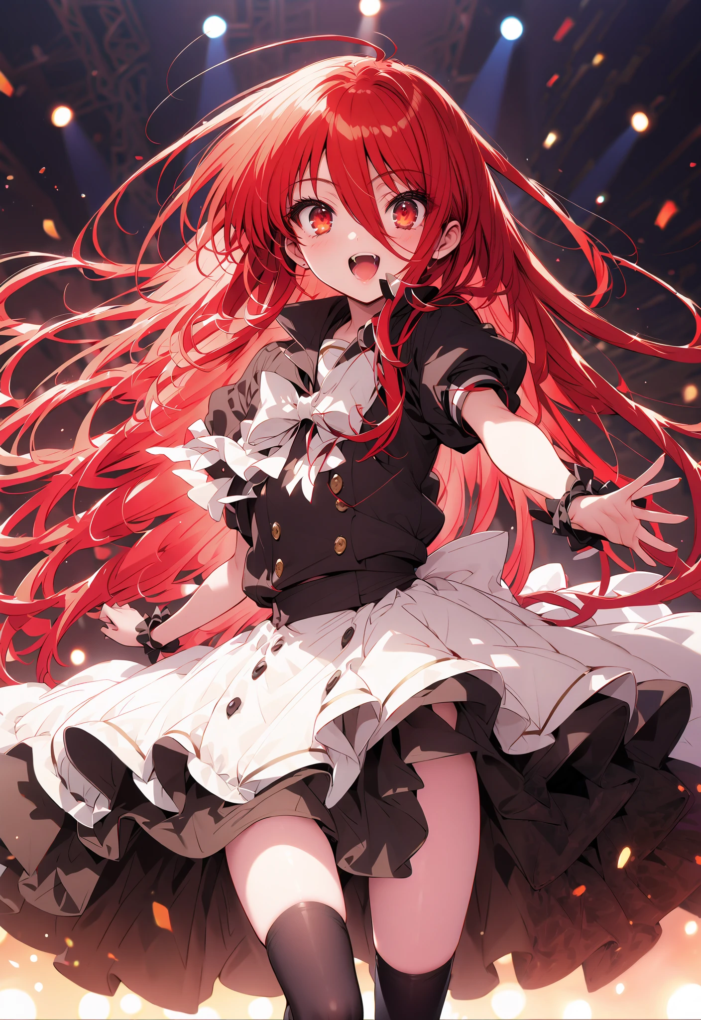 shana , very long hair, red hair, Red Eyes, stupid hair, small ,idol costume, dress,collared  dress,jacket,cropped jacket,Short sleeve,bowtie,bow,button, above Decorati has ,is standing,dancing,(white thigh knee-highs:1.2),boots,アイドル歌手がライブ ステージで熱狂的に歌うシーンのillustration,アイドル歌手が ステージ中央にis standing, idol singers sing with microphones , idol singers are serious and impressive ,The singer&#39;s voice is strong and beautiful. ,  fans gather around the stage ,   fans sing and dance with idol singers Idol singers who do things  ,The Big Picture, Various colored lights ,full bodyがillustrationに入るように,break indoors, concert venue,
break looking at viewer,full body,
break (masterpiece:1.2), best quality, high resolution, Unity 8k Wallpaper, (illustration:0.8), (beautiful detailed eyes:1.6), very detailed face,  so that it fits into the illustration, extremely detailed CG,full body写真, (perfect hand, perfect anatomy),
