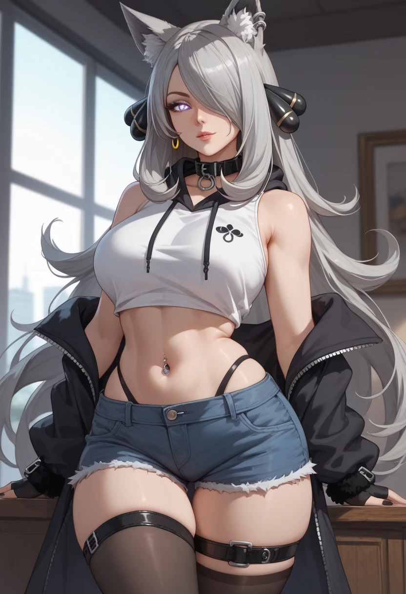 Detailed image of a , White hair loose in a tousled aesthetic bun, sharp and seductive violet eyes, Beautiful face, smiling, full lips, dog ears, with earrings, small breasts, blushing eyeshadow, long thick eyelashes, posing sensually dressed in a cardigan, a mini shorts, small waist, wide hips, large round buttocks, beautiful thick bare thighs, view from below, shallow depth of field, volumetric lighting, Shadow enhancement, Detailed cityscape, Shoulder blades (Higher quality, Amazing details: 1. 25), (only: 1.3), Bright colorful paintings.
