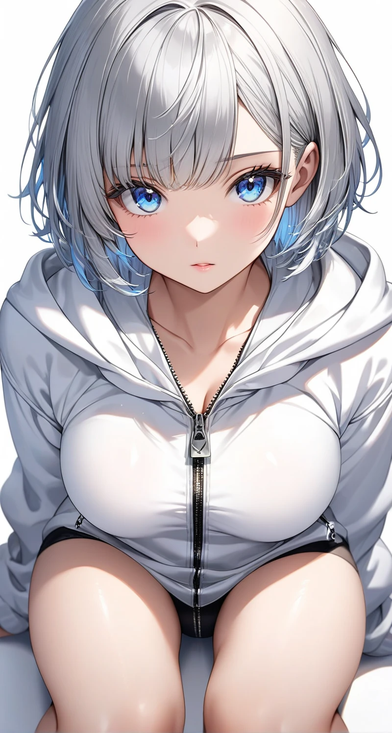 ,girl,best image quality,,silver hair,,blue eyes, white skin,sleepiness,short hair,sleeping habit,half eyes,,wet state,baby doll,,,,,small胸,tits,,duffel coat,,small,show your shoulders,belly button,