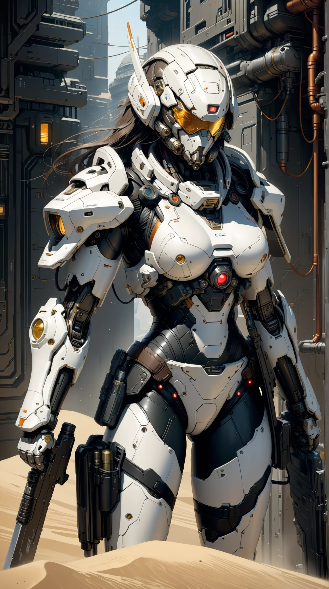 ((Best Quality)), ((Masterpiece)), (Very Detailed: 1.3), 3D, Icaru valkirie-mecha, Beautiful cyberpunk woman wearing crown with her red and blue mecha in ruins of a forgotten war city, long red hair, sci-fi technology, HDR (High Dynamic Range), ray tracing, nvidia RTX, super resolution, unreal 5, subsurface scattering, PBR texture, post-processing, anisotropic filtering, depth of field, maximum sharpness and sharpness, multi-layer texture, specular and albedo mapping, surface shading, accurate simulation of light-material interactions, perfect proportions, octane rendering, duotone lighting, low ISO, white balance, rule of thirds, wide aperture, 8K RAW, high efficiency subpixels, subpixel convolution, light particles, light scattering, Tyndall effect, very sexy, full body, battle pose, black hair with braids,
