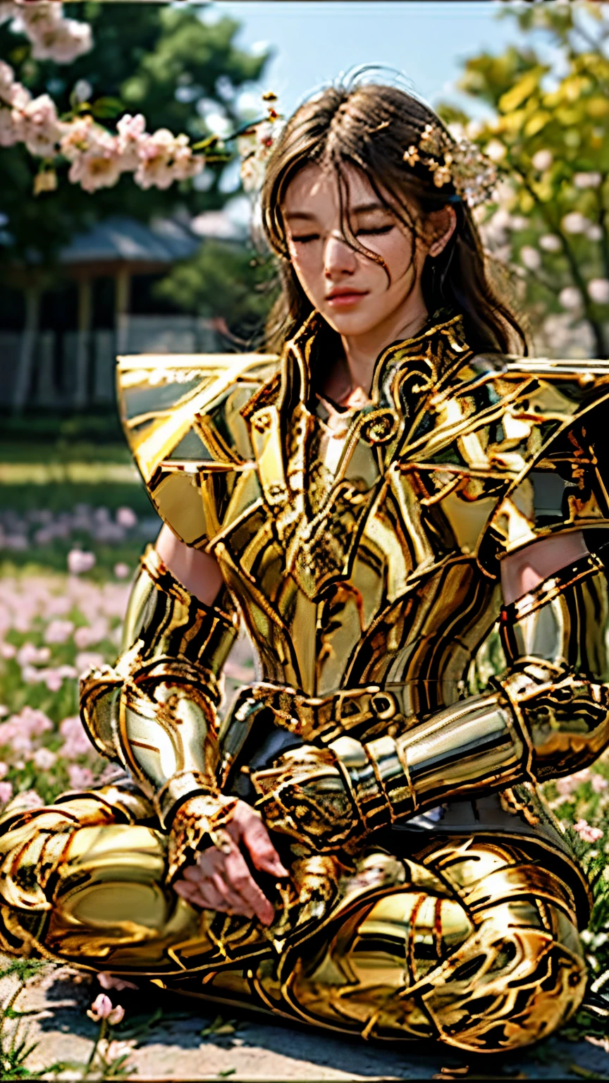 masterpiece, best quality, highres, solo, (close_eyes:1.5), detailed background,fingerless gloves ,pauldrons ,golden armor, cherry blossoms, outdoors,sitting, field,(gold armor:1.5),shoulder armor,(ultra detailed:1.0),(RAW photo:1.0), HDR, photography, Kodak Portra 400, film grain, , vibrant color,focused face, detailed face,symmetric eyes, visible lips,crossed legs,arm up, 1boy