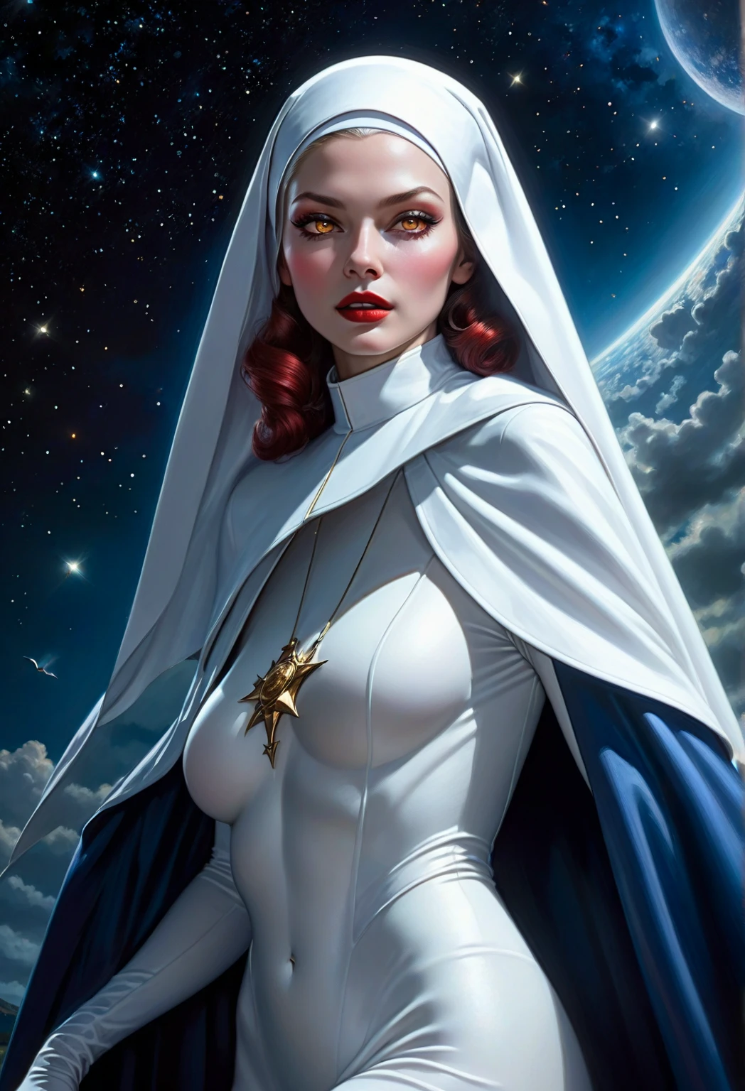 22 years old Italian lady, ((full body)), ((nude)), heavily armored in white color with a long deep red cape, beautiful chest, standing on a asteroid in the deep space, with her legs spread apart, zoom in from front below