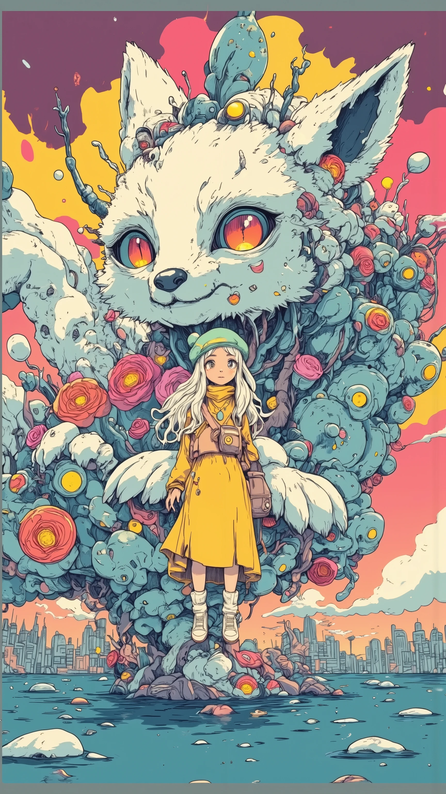 Vision,unrealistic color gradation of purple and pink in the sky,Create a dreamy atmosphere,and thousands of crystal flower pots are inverted in the air,The root system grows upward and is entwined into a floating island, girl(silver-white curls, long hair,gentleman hat with a mint green head,Creamy yellow long dress,off-white canvas shoes)rides a giant snow fox in the lake