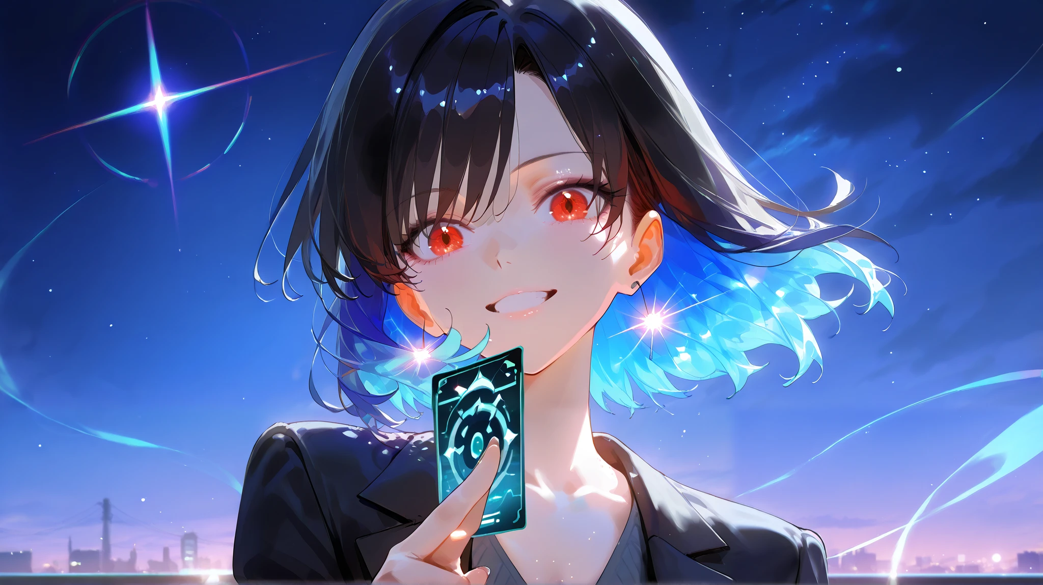 High quality hologram trading card depicting a girl in anime style, using glitter, dark black jinx large sexy v-neck flickering between bright blue flames and iridescent vagaloom、Shining under a terrifying dark, fiery sky . [ image of a shining fairy between black fog and iridescent light ]