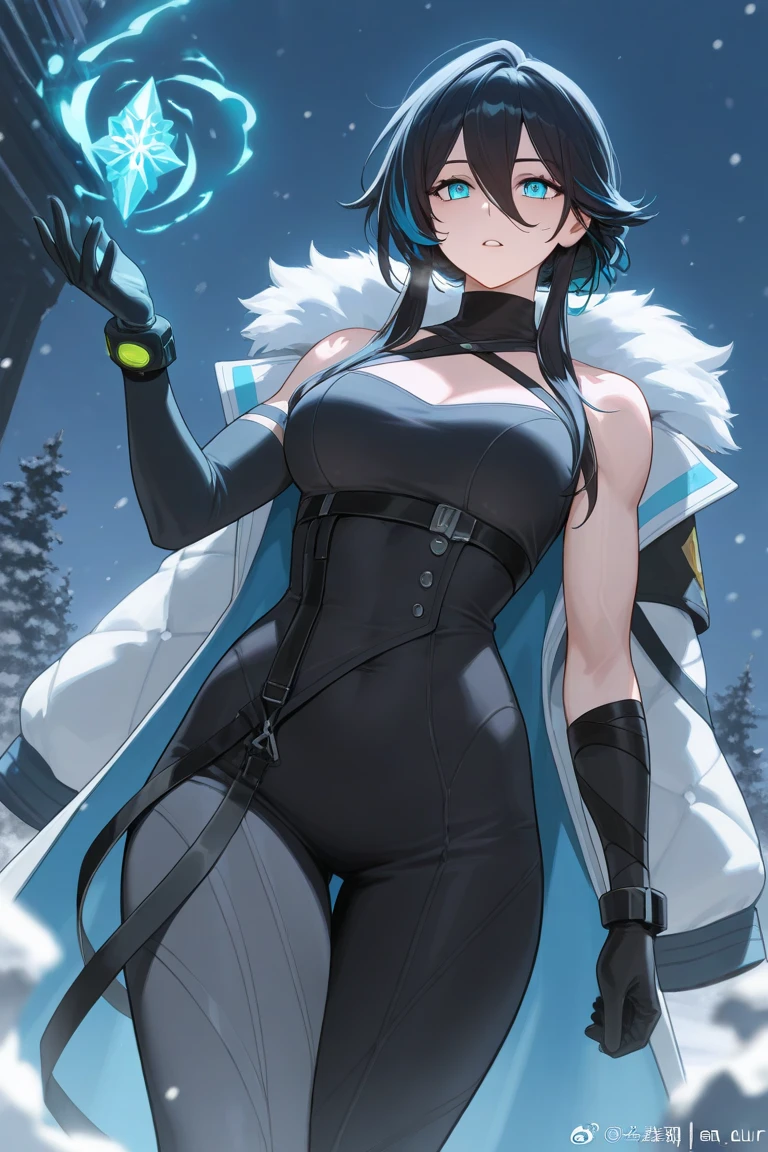 1 girl, black hair, yellow eyes, very long hair, pale skin, curvy, (extremely muscular), perky breasts, frozen lake