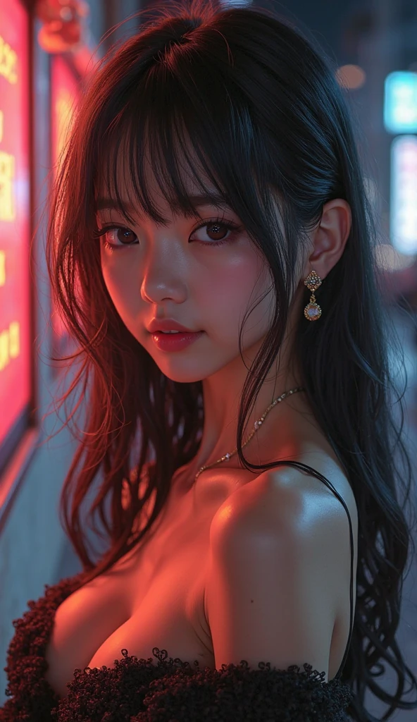A girl around 20 years old sitting in a strapless shirt at a rooftop restaurant. The backdrop is a city illuminated by bright lights, creating a dark and dynamic atmosphere. The mood and tone should be captivating, with a sense of mystery and elegance. The light and shadow play an integral role in highlighting the girl's features and creating depth in the image. It should be a realistic portrait that captures the girl's beauty and personality in great detail.

To achieve the best quality and resolution, please add the following tags at the beginning: "(best quality, 4k, high res, masterpiece:1.2), ultra-detailed, realistic:1.37". Additionally, incorporate the use of Leica M11 photography style to emphasize the sharpness and clarity of the image.

For the composition, focus on the girl's facial features, including her beautiful and detailed eyes, nose, and lips. Pay special attention to long eyelashes, as they add depth and allure to the portrait. Capture her expression to reflect her emotions and make the viewer feel a connection with her. The girl should be portrayed elegantly, with a sense of grace and confidence.

As for the surroundings, depict the rooftop restaurant with its unique charm and ambiance. Consider describing the elements such as the comfortable seating, stylish decor, and night view of the city lights in the background. Create a captivating contrast between the darkness and the vibrant cityscape.

In terms of style, aim for a realistic portrait with a touch of sophistication. The artistry should be inspired by Leica M11 photography, known for its sharp focus and fine details. Add the tag "photorealistic" to enhance the lifelike appearance of the portrait.

To convey the dark theme, incorporate the use of deep colors, such as rich blacks, blues, and purples. The lighting should be moody, with dramatic shadows and highlights, directing attention to the girl's face. Feel free to use tags like "dark theme" and "light and shadow" to emphasize the desire