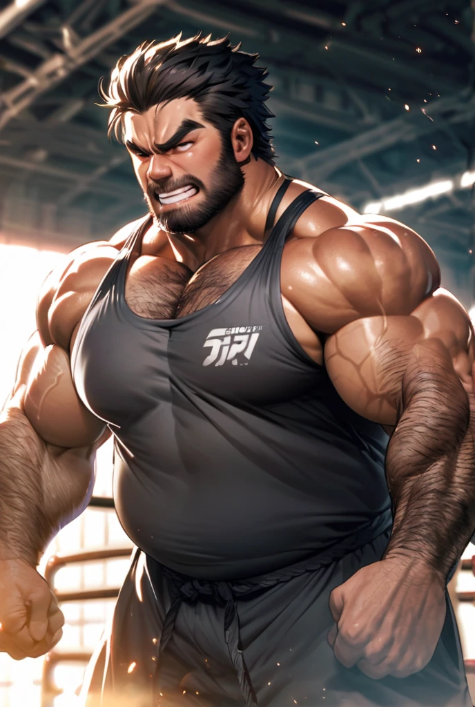 Majestic and Sweat-Soaked Boxer, with a triumphant expression, raises his colossal hairy biceps and voluminous pecs towards the ceiling, heralding his victory. The intricate texture of his hairy armpits is prominently displayed beneath the enormous white leather boxing gloves, adorned with rivets and flamboyant knuckle guards. The studio lighting brilliantly illuminates every muscle ripple in his sweat-drenched physique, resulting in a masterful scene of exceptional detail and quality. The boxer proudly stands in a vintage boxing gym, where relics and memories of past victories adorn the walls behind him,