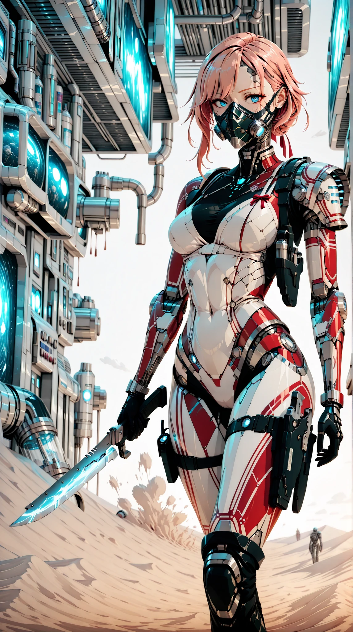 ((best quality)),( ultra high resolution ),(very well detailed),(Detailed Explanation),(( best CG )),(masterpiece),super detailed art,Amazing Painting Art,(sci-fi art with delicate details:1.5), Female Cyborg , Beautifully organized mechaisse, goggle mask, Precise and elaborate full mechanical body, shoulder armor, Shoulder warning light, cylinder, leg holster, survival knife, transparent parts , asymmetry, clear tube, Illuminant, Sand Dust, Desolate,