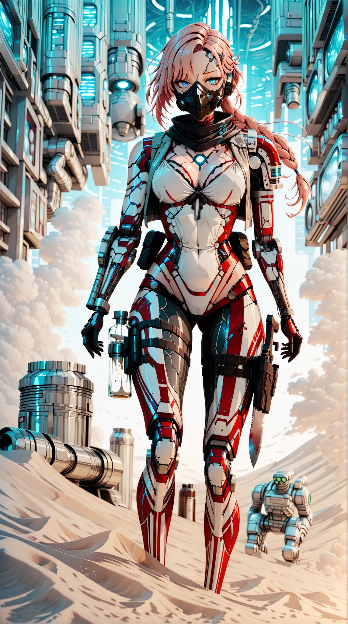((best quality)),( ultra high resolution ),(very well detailed),(Detailed Explanation),(( best CG )),(masterpiece),super detailed art,Amazing Painting Art,(sci-fi art with delicate details:1.5), Female Cyborg , Beautifully organized mechaisse, goggle-shaped mask, Precise and elaborate full mechanical body, Shoulder Armor, Shoulder warning light, cylinder, leg holster, survival knife, transparent parts , asymmetry, clear tube, Illuminant, Sand Dust, Desolate,