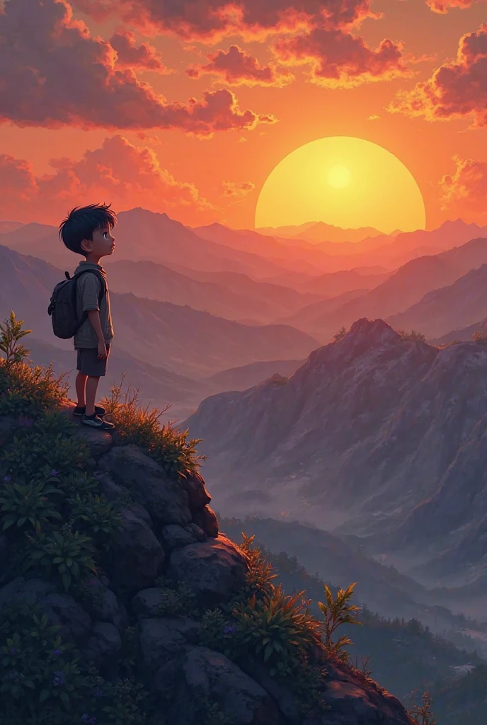 A masterpiece sunset view with cute boy standig in front of big rock and start thinking