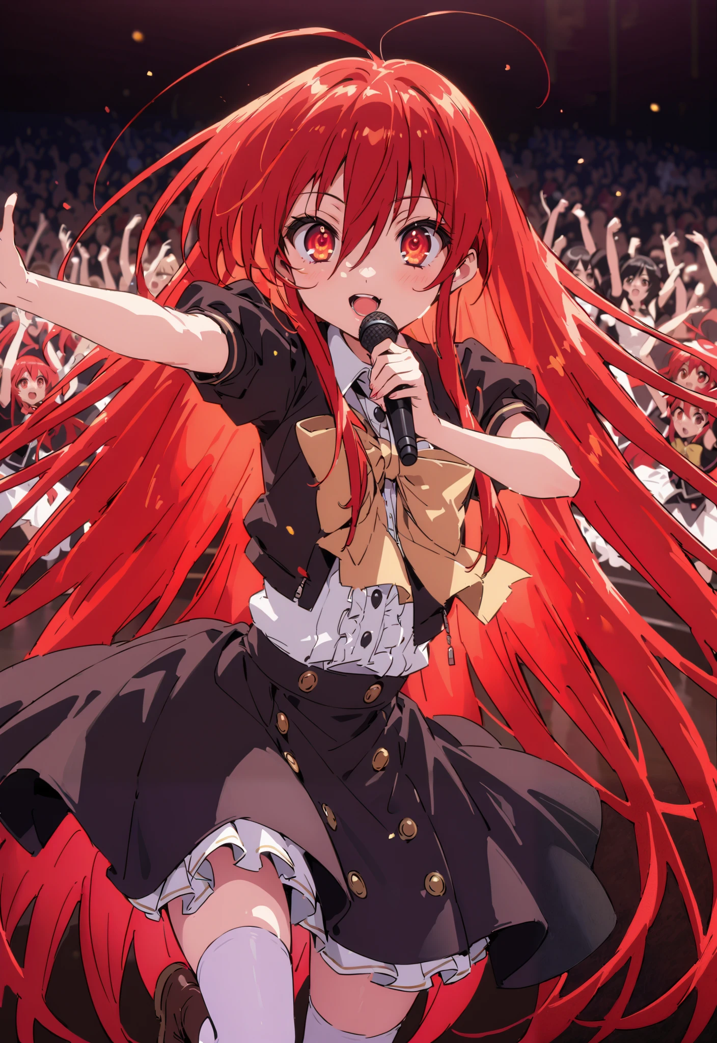 shana , very long hair, red hair, Red Eyes, stupid hair, small ,idol costume, dress,collared dress,jacket,cropped jacket,Short sleeve,bowtie,bow,button, above Decorati has ,is standing,dancing,(white thigh knee-highs:1.2),boots,アイドル歌手がライブ ステージで熱狂的に歌うシーンのillustration,アイドル歌手が ステージ中央にis standing, idol singers sing with microphones , idol singers are serious and impressive ,The singer's voice is strong and beautiful. , fans gather around the stage , fans sing and dance with idol singers Idol singers who do things ,The Big Picture, Various colored lights ,full bodyがillustrationに入るように,break indoors, concert venue,
break looking at viewer,full body,
break (masterpiece:1.2), Top Quality, high resolution, Unity 8k Wallpaper, (illustration:0.8), (beautiful detailed eyes:1.6), very detailed face, so that it fits into the illustration, extremely detailed CG,full body写真, (perfect hand, perfect anatomy),