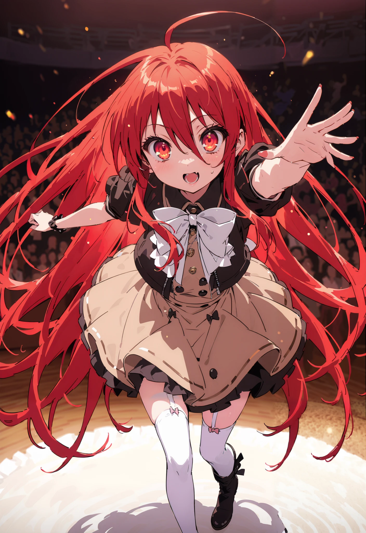 shana , very long hair, red hair, Red Eyes, stupid hair, small ,idol costume, dress,collared dress,jacket,cropped jacket,Short sleeve,bowtie,bow,button, above Decorati has ,is standing,dancing,(white thigh knee-highs:1.2),boots,アイドル歌手がライブ ステージで熱狂的に歌うシーンのillustration,アイドル歌手が ステージ中央にis standing, idol singers sing with microphones , idol singers are serious and impressive ,The singer's voice is strong and beautiful. , fans gather around the stage , fans sing and dance with idol singers Idol singers who do things ,The Big Picture, Various colored lights ,full bodyがillustrationに入るように,break indoors, concert venue,
break looking at viewer,full body,
break (masterpiece:1.2), best quality, high resolution, Unity 8k Wallpaper, (illustration:0.8), (beautiful detailed eyes:1.6), very detailed face, so that it fits into the illustration, extremely detailed CG,full body写真, (perfect hand, perfect anatomy),